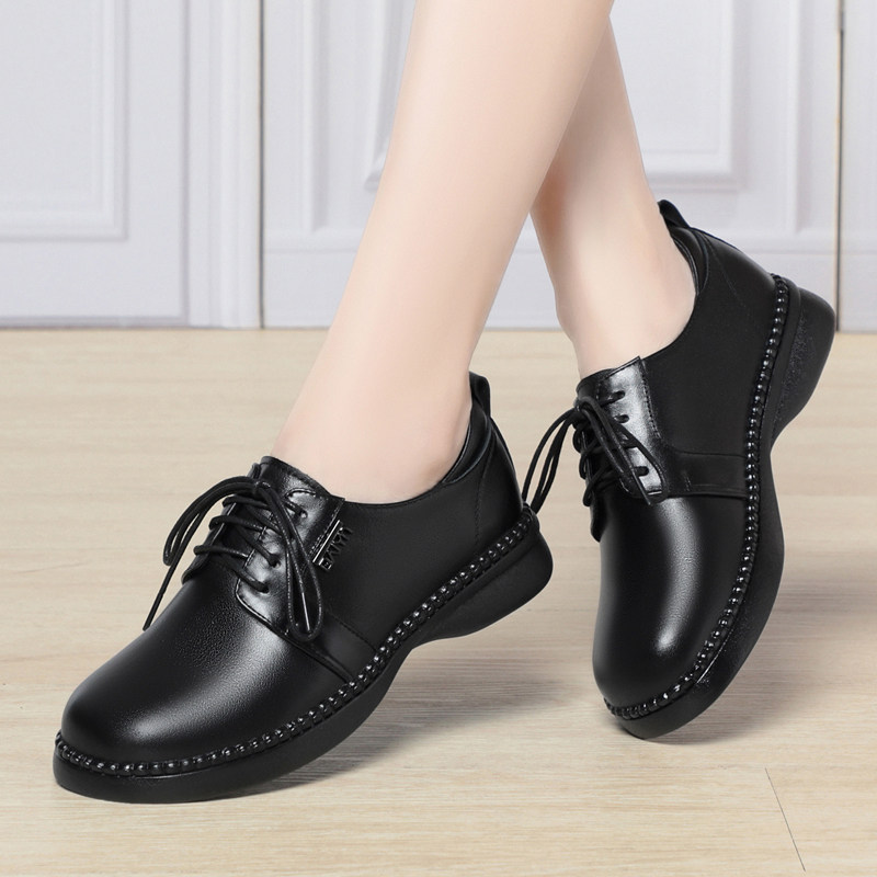 黑色皮鞋女2025新款真皮系带深口单鞋软皮软底妈妈鞋大码41春鞋43,淘宝优惠券,粉丝福利购,淘宝优惠卷