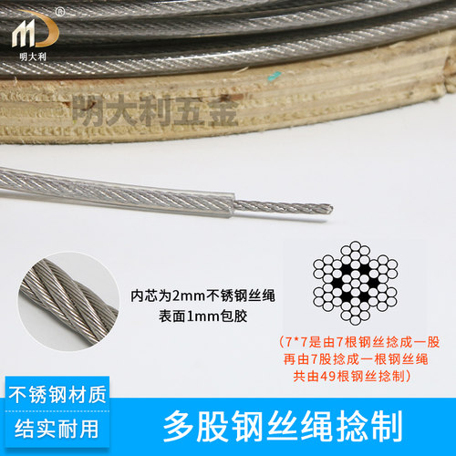 3.0mm包塑钢丝绳304钢索绳细晾衣绳架包胶不锈钢柔软钢线表面涂塑 - 图0