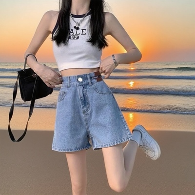 美式辣妹牛仔短裤女2025夏季梨形身材高腰显瘦简约通勤百搭短裤