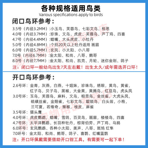 鸟鹦鹉脚环雏鸟幼鸟带闭口环识别环电镀合金开口鸟环八哥虎皮玄凤 - 图2