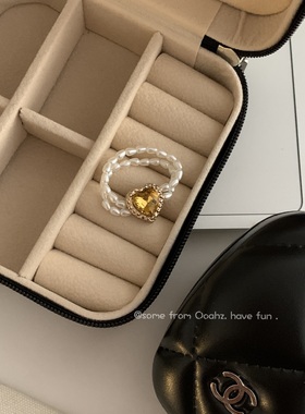 双层珍珠爱心戒指小众金属感指环