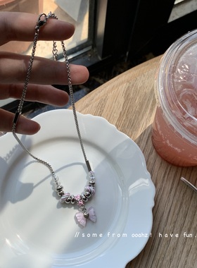 粉紫色蝴蝶项链手链甜酷女串珠