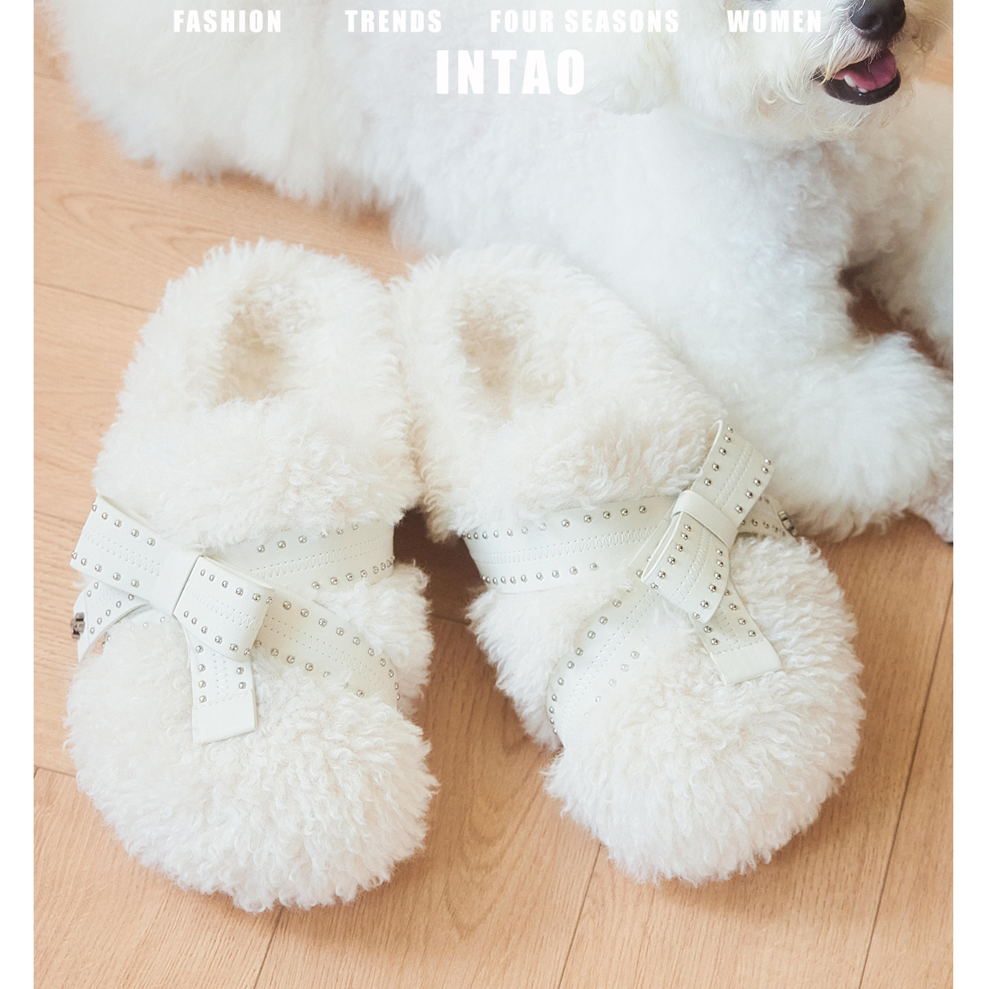 设计感小众铆钉蝴蝶结包头毛毛拖鞋女冬加绒一脚蹬棉鞋厚底勃肯鞋,淘宝优惠券,粉丝福利购,淘宝优惠卷