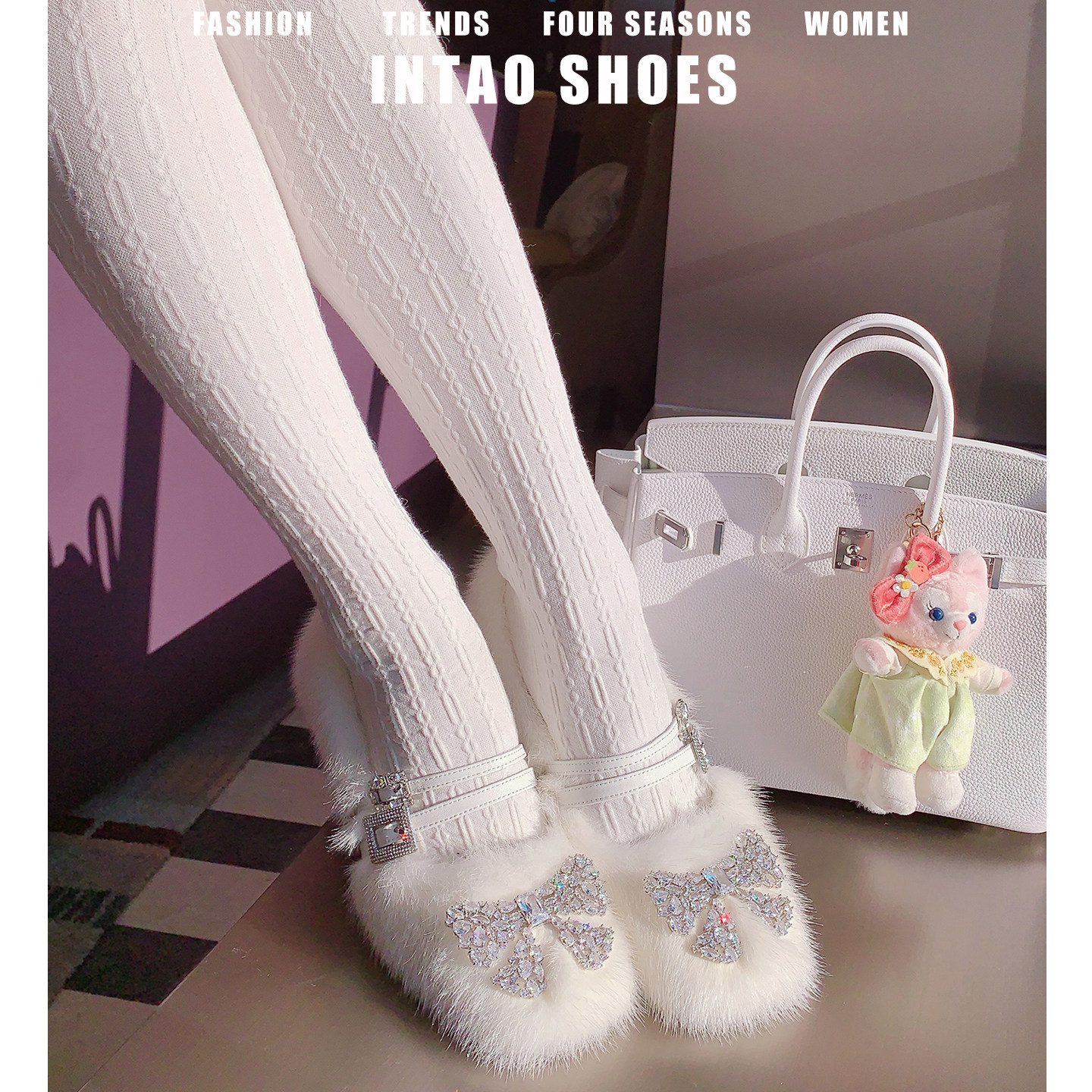 白色绝美水貂高跟毛毛鞋女冬加绒2025新款外穿蝴蝶结水钻玛丽珍鞋,淘宝优惠券,粉丝福利购,淘宝优惠卷