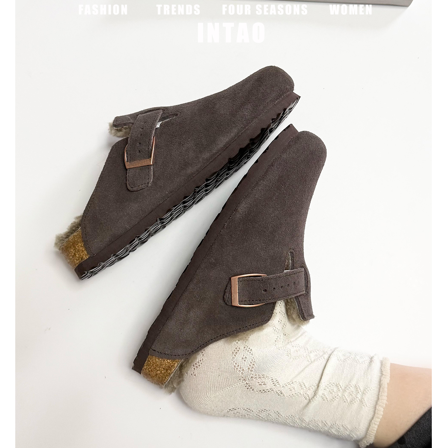 牛皮版~复古磨砂牛皮勃肯鞋半拖女冬季加绒一脚蹬厚底包头毛毛鞋 - 图1