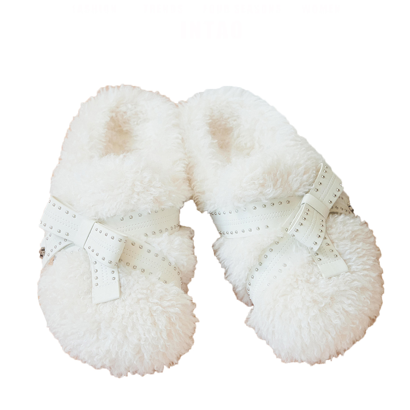 设计感小众铆钉蝴蝶结包头毛毛拖鞋女冬加绒一脚蹬棉鞋厚底勃肯鞋,淘宝优惠券,粉丝福利购,淘宝优惠卷