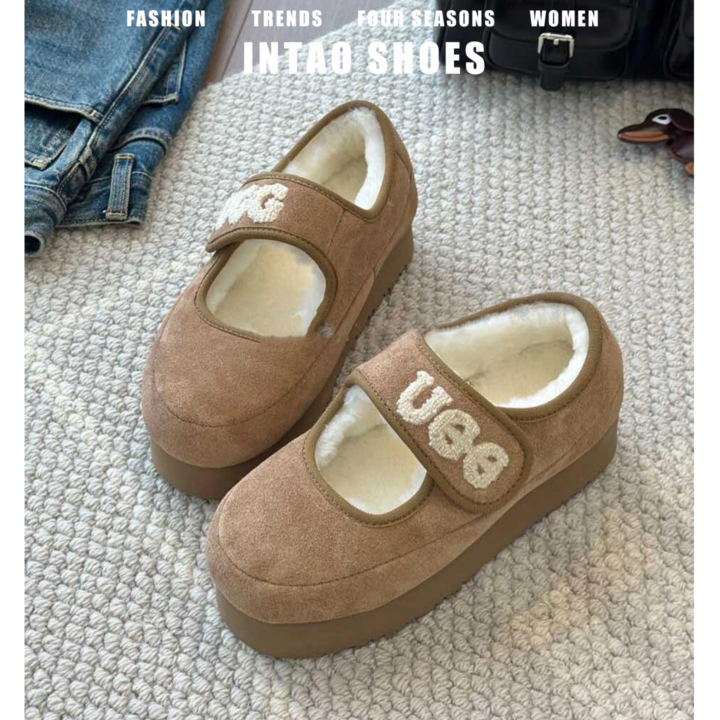 小个子松糕厚底毛毛鞋女冬外穿加绒2025新款复古棉鞋法式刺绣单鞋,淘宝优惠券,粉丝福利购,淘宝优惠卷