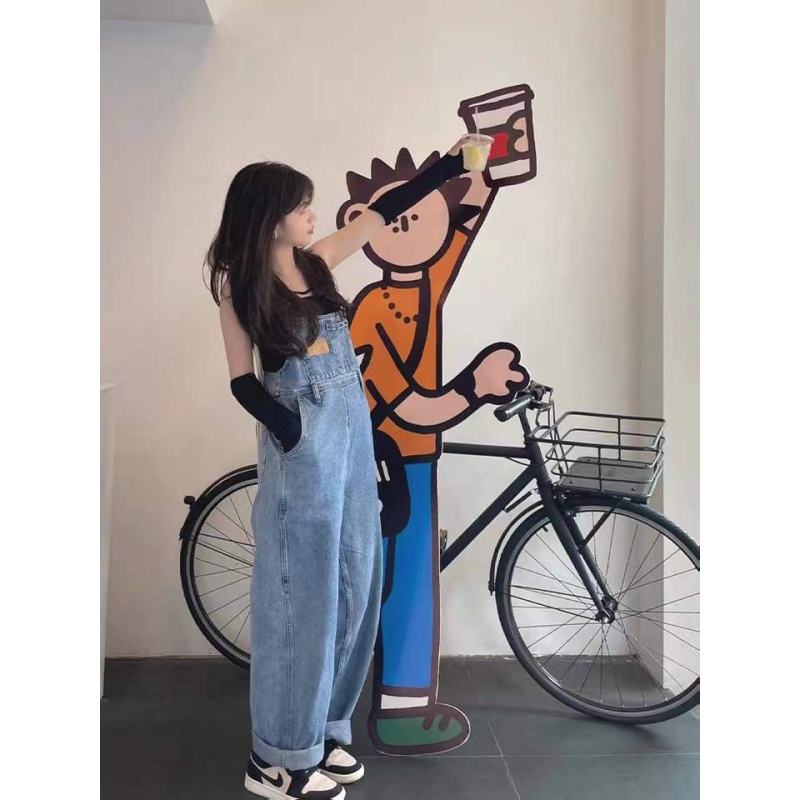牛仔背带裤女2022夏季小个子网红小众设计感宽松显瘦直筒阔腿长裤