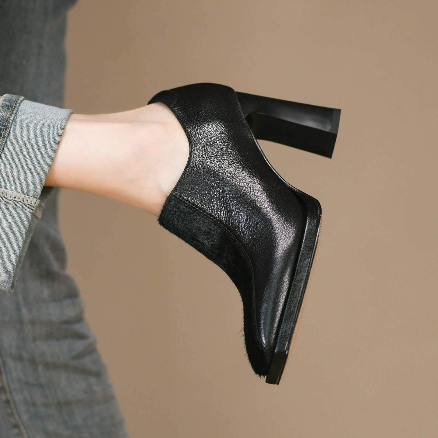 时尚黑色方头深口单鞋女粗跟秋季新款侧拉链拼接真皮马毛高跟鞋女,淘宝优惠券,粉丝福利购,淘宝优惠卷