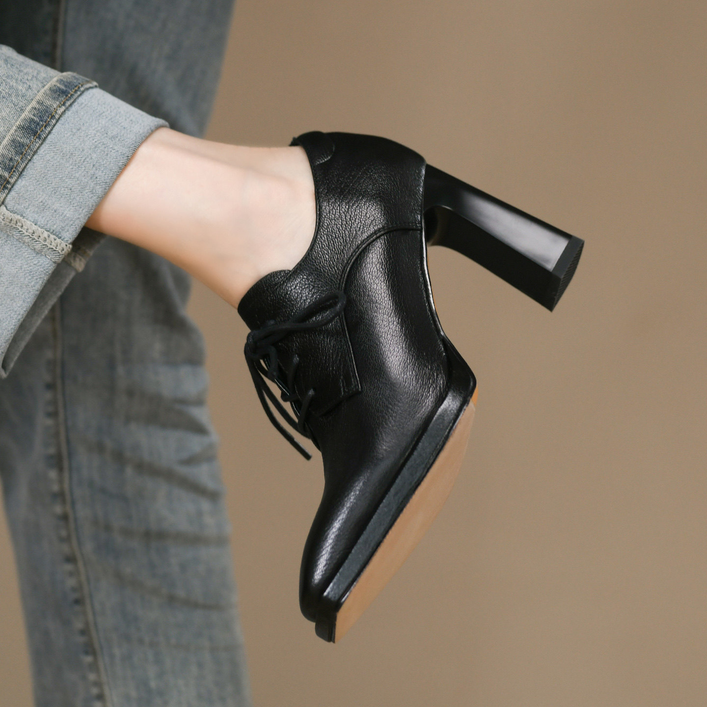 8.5cm时尚深口方头单鞋女高跟秋季新款系带真羊皮黑色粗跟皮鞋女,淘宝优惠券,粉丝福利购,淘宝优惠卷