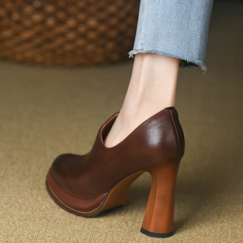 棕色深口尖头单鞋女粗跟春季羊皮真皮女鞋防水台复古高跟鞋女10cm,淘宝优惠券,粉丝福利购,淘宝优惠卷