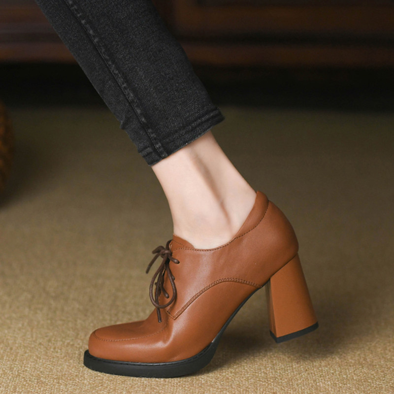 复古圆头深口单鞋女2024新款春季真皮系带小皮鞋黑色高跟鞋女粗跟,淘宝优惠券,粉丝福利购,淘宝优惠卷