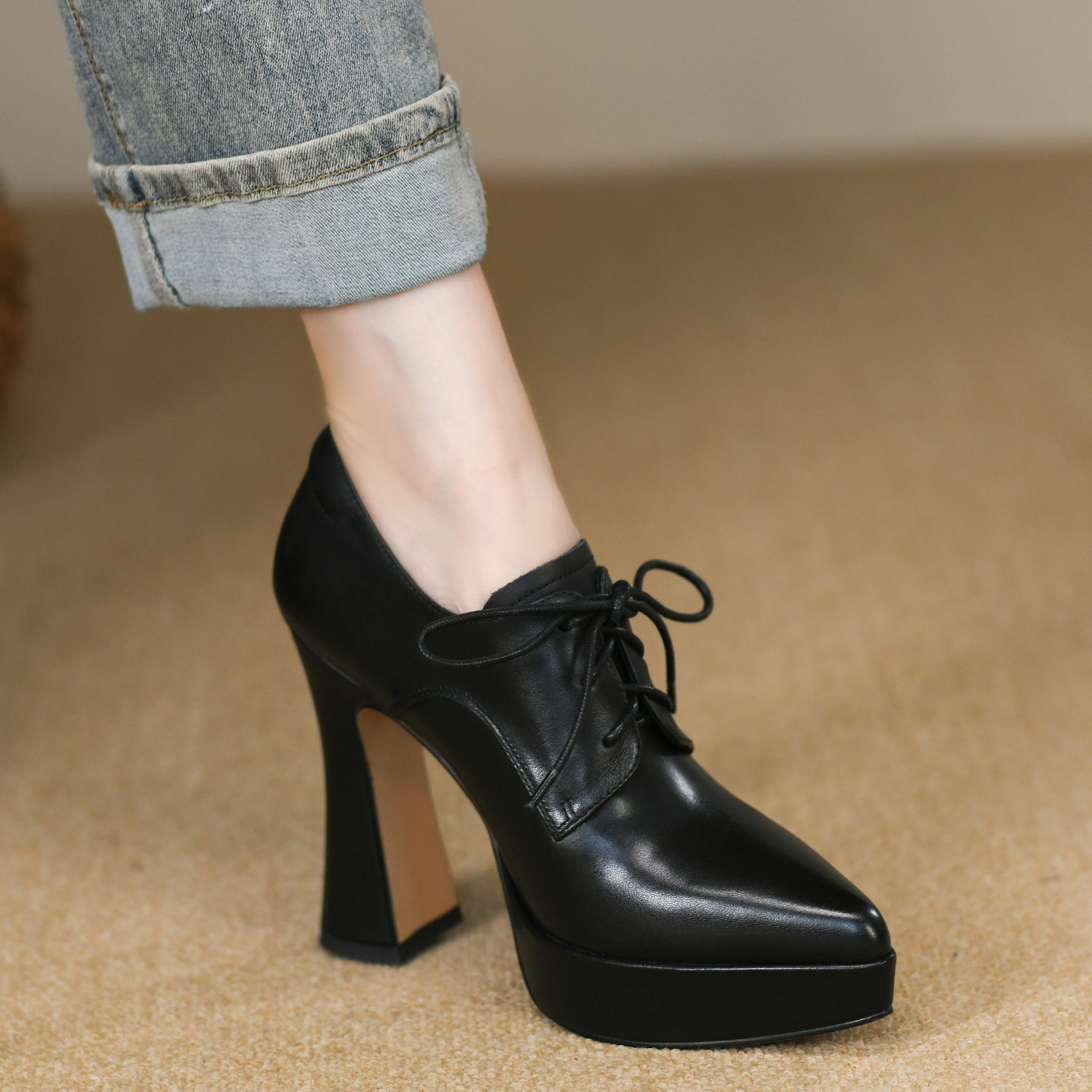 优雅深口尖头单鞋女粗跟秋季新款真牛皮系带防水台超高跟鞋女10cm,淘宝优惠券,粉丝福利购,淘宝优惠卷