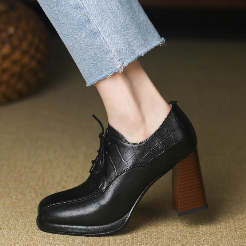 8cm方头深口粗跟单鞋女2024春季真皮羊皮侧拉链复古棕色高跟鞋女,淘宝优惠券,粉丝福利购,淘宝优惠卷