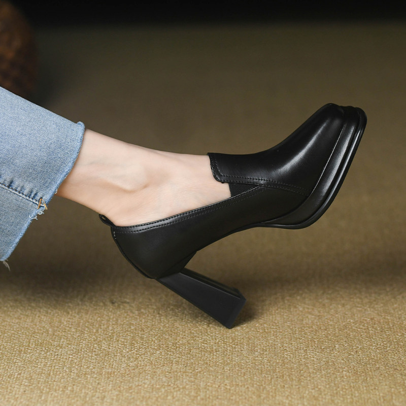 8.5cm磨砂羊皮高跟鞋女粗跟春季新款松紧时尚黑色方头深口单鞋女,淘宝优惠券,粉丝福利购,淘宝优惠卷