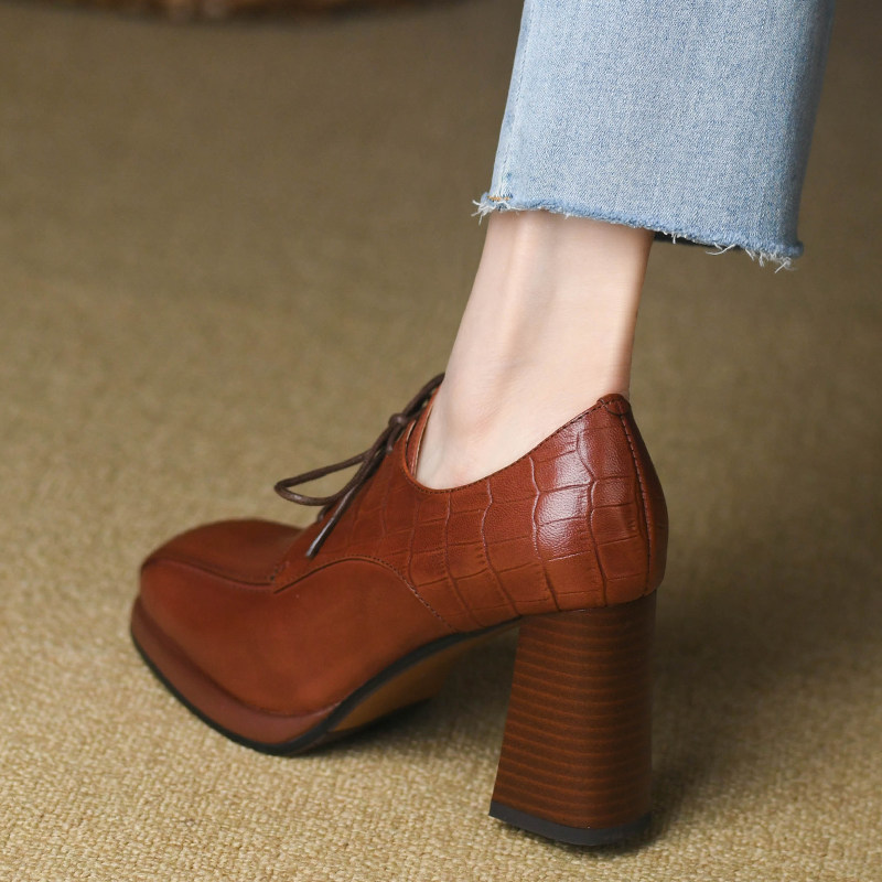 8cm方头深口粗跟单鞋女2024春季真皮羊皮侧拉链复古棕色高跟鞋女,淘宝优惠券,粉丝福利购,淘宝优惠卷