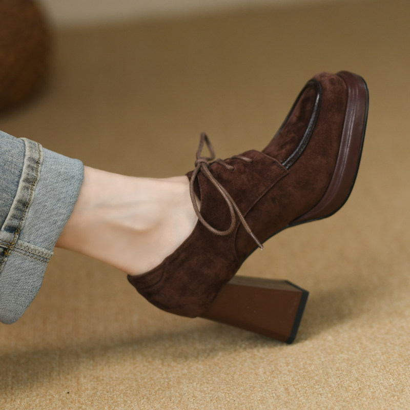 8.5cm复古棕色方头深口厚底单鞋女粗跟春秋新款真皮系带高跟鞋女,淘宝优惠券,粉丝福利购,淘宝优惠卷