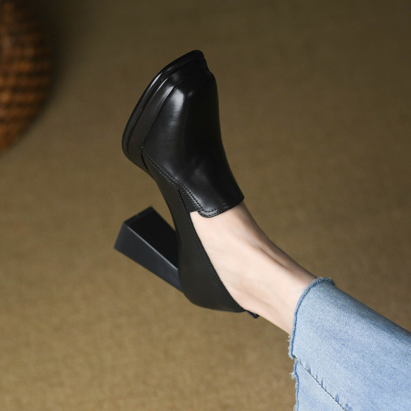 8.5cm磨砂羊皮高跟鞋女粗跟春季新款松紧时尚黑色方头深口单鞋女,淘宝优惠券,粉丝福利购,淘宝优惠卷