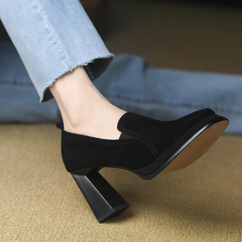 8.5cm磨砂羊皮高跟鞋女粗跟春季新款松紧时尚黑色方头深口单鞋女,淘宝优惠券,粉丝福利购,淘宝优惠卷