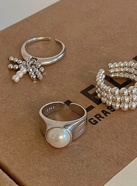 小众设计冷淡风珍珠圆珠戒指女时尚复古个性气质宽食指环2023新款