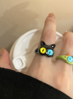 童趣可爱搞怪黑色猫咪怪兽戒指环女小众食指2YK千禧手饰新款开口