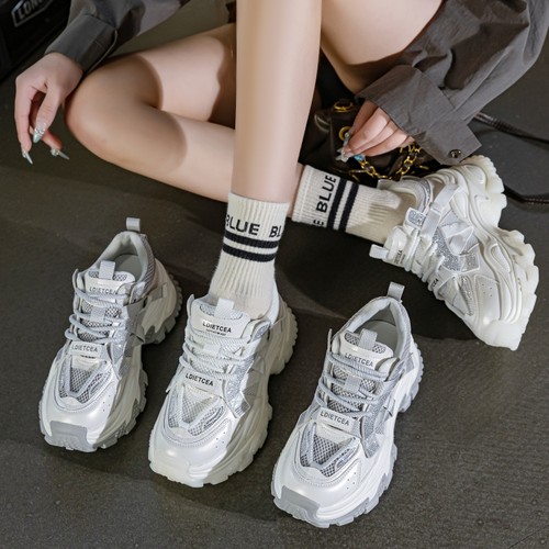 真皮炸街水钻厚底老爹鞋女春夏新款网面透气松糕鞋增高运动休闲鞋 - 图0