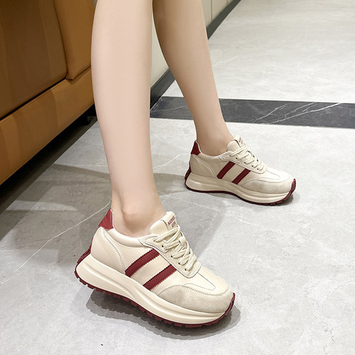 真皮厚底老爹鞋女6cm秋冬新款潮防滑运动休闲小白鞋内增高阿甘鞋 - 图0