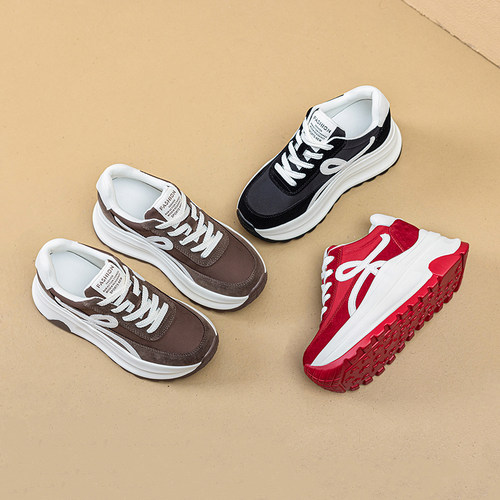 真皮厚底板鞋休闲女鞋松糕百搭德训老爹鞋增高轻便厚底学生运动鞋 - 图1