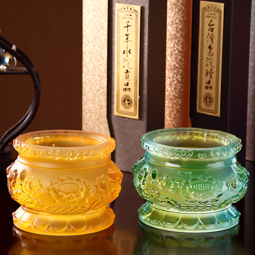 佛前供具琉璃莲花供佛香炉家用供奉供盘水杯供花瓶佛供灯佛具套装 - 图2