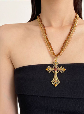 香槟色多层水晶串珠十字架项链