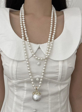 复古大气镶钻珍珠叠戴毛衣链女