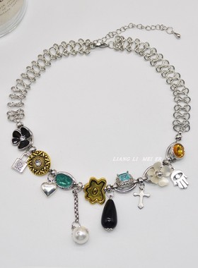 金属纽扣花朵女流苏镶钻锁骨链