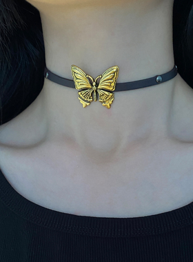 金属皮质双层女复古蝴蝶项链颈链