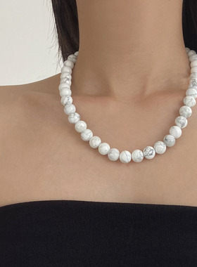 天然石灰白松石玛瑙串珠锁骨项链