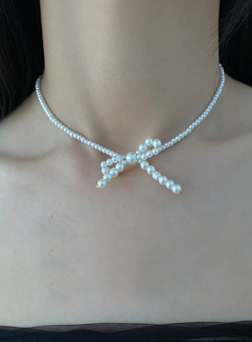 珍珠串珠打结女蝴蝶结项链锁骨链