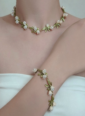 森系白色铃兰花珍珠项链锁骨链女