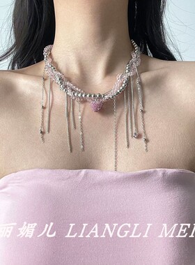 时髦粉色爱心多巴胺水晶串珠项链