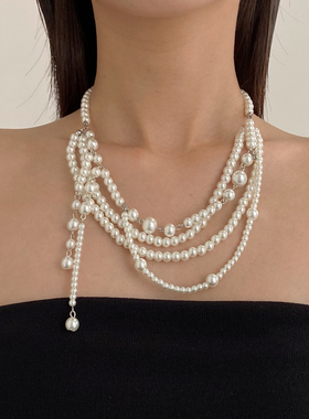 甜酷多层叠戴珍珠流苏项链女