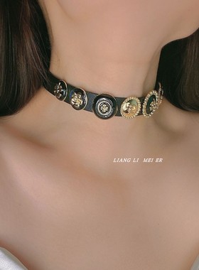 金属皮革拼接女多元素山茶花项链