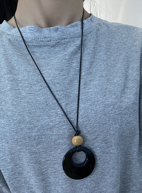 黑曜石皮绳女平安扣项链毛衣链