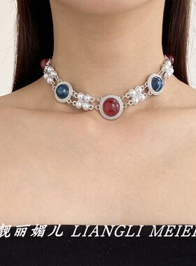 中古镶钻红宝石珍珠项链女