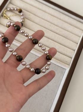 虎眼石香槟金不规则大小珍珠项链