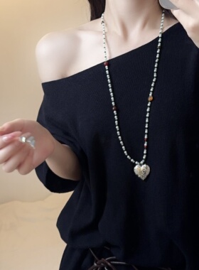 长款叠戴彩色串珠爱心吊坠项链