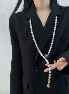 珍珠串珠长镶钻红花朵项链毛衣链