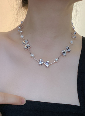 金属拼接女珍珠蝴蝶结项链颈链