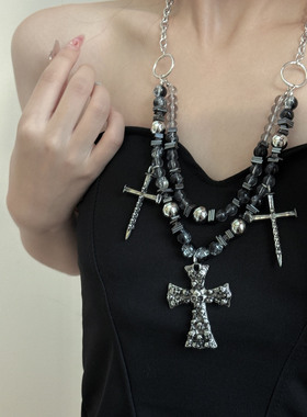 暗黑哥特风金属骷髅头十字架项链