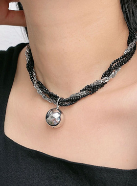 金属圆球多层女黑水晶链条项链
