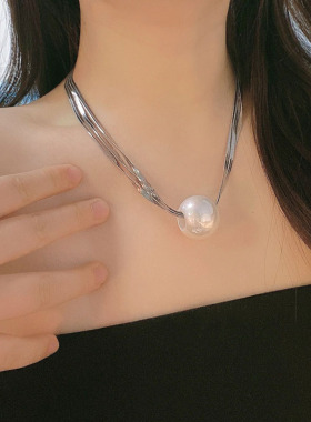 金属蛇骨链双层女大珍珠项链