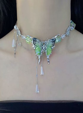 金属串珠流苏女绿蝴蝶项链锁骨链