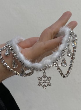 金属毛绒镶钻链女流苏雪花锁骨链
